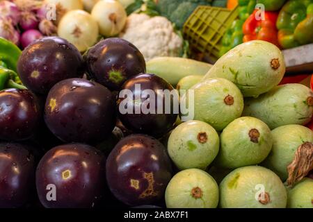 Fresh harvested vegetables from farmer for sale on weekly spanish market in Andalusia, Spain, close up Stock Photo