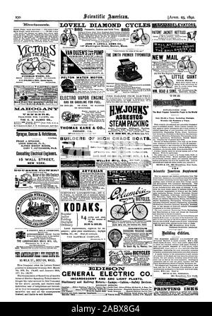 LOVELL DIAMOND CYCLES JOHN P. LOVELL ARMS CO. 147 Washington Street Boston Mass. M.A.1-10G.-.A%TY TEAKWOOD FOR YACHTS etc. Sprague Duncan & Hutchinson Limited. FRANK J. SPRAGUE LOUIS DUNCAN Ph. D. GARY T. HUTCHINSON Ph.D. 15 WALL STREET NEW YORK. Motor oftho 19th Century Cost about one cent an hour to CHARTER GAS ENGINE CO. But it's true. Cincinnati 0. U. S. A. 95 MILK ST. BOSTON MASS This Company owns the Letters Patent granted to Alexander Graham Bell March 7th 1876 No. 174465 and January 30th 1877. No. 186787. The transmission of Speech by all known forms of Electric Speaking Telephones in Stock Photo