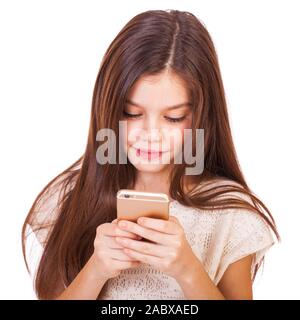 Portrait of positive little girl hold her cellphone true addicted blogger multimedia user share comment posts - isolated on white background Stock Photo