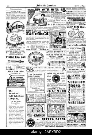 COLD FORGED PRODUCT. Fluted Tire Bolt AMERICAN SCREW COMPANY PROVIDENCE R. I. COLD The American Bell Telephone Company Boston Mass. NEW WATER MOTOR $ BOLCIANO'S LITTLE GIANT No. I No. 2 $10 NEW HOT AIR $O31 GAS IRON You may send me One Dozen Perfection Gas Irons. Sold 700 charcoal irons. Expect to sell many more of yours. THE BOLGIANO MANUFACTURING CO. —S140p. MERICAN OAS FURNACE CO. GAS BLAST FURNACES DIETZ RUBY LAMP I EAT BICYCLES 1 A.W.GUMP & MAGNESIA FLEXIBLE CEMENT THE PHILIP CAREY MAKFG.C2  EISENBRANDT CYCLE 'CO. MODEL Towers Tanks and Tubs 219 E. Main Street LOUISVILLE KY. U. S. A. A Stock Photo