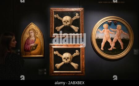 Sotheby’s, London, UK. 29th November 2019. Works to be sold at auction in New York by The Strokes musician Fabrizio Moretti and art dealer Fabrizio Moretti on 18th December are on view in London, including two Neapolitan School, 17th century, Memento Mori skulls and crossbones. Estimate £8,000-12,000. Credit: Malcolm Park/Alamy Live News. Stock Photo
