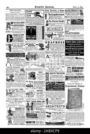 Advertizernents. Foot WINO Power Wainer SENECA FALLS MFG. COMPANY. 10 SIZES. HAVE YOU SEEN The New Green River Al Drilling Machine P ARMSTRONG'S  PIPE THREADING SMALLEST CAMERA MADE Murray's Pat e n t Rotating Fans are inval uable for Res taurants Ho kets Saloons Lunch Coun ters Groceries. fectioneries the belt. Prices from 96 to $20. Send for circular t CAN MAKING MACHINERY. Matehrnaw Improred Time Detector REPAIR BICYCLES FOR A LIVING. Easy way to make 0000 Living. NICKEL ELECTRO-PLATING THE No MORE DULL SHEARS! DIAMOND CUTLERY CO. 'OTTO' CAS AND GASOLINE ENGINES. 'DIETZ' TUBULAR DRIVING LAM Stock Photo