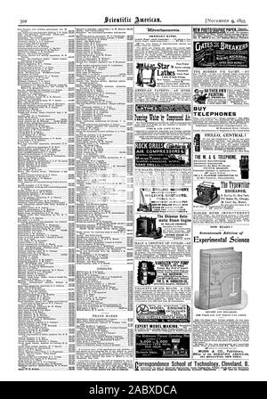 Spool W.H.Holden  548640 Cork. Other foreign patents may also be obtained. 'Wb (ORDINARY RATES. I aside Page. each insertion  cents a line .POWER 8c FOOT I SHAPERS.PLANERS.DRILLS Pumti:g atc yComtrnsti Air. PORIR AIR LIFT FUMP PER HOUR. ent Matt surface. Circulars and sample print Pre 6j  MINI' ELSTON AvE CHICAGO. BUY TELEPHONES WESTERN TELEPHONE CONSTRUCTION CO  NOW READY! Seventeenth Edition of Experimental Science REVISED AND ENLARGED. 120 Pages and 0 superb Cuts added. MUNN & CO. Publishers Office of the SCIENTIFIC AMERICAN Foot Power ilk Screw cutting Lathe Automatic 9 and 12 inch Swing Stock Photo