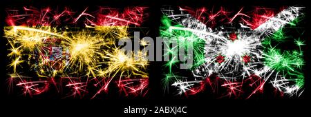 Spanish vs Burundi, Burundian New Year celebration sparkling fireworks flags concept background. Combination of two abstract states flags. Stock Photo