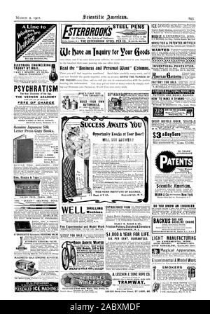COMPANY (Incorporated) 157 Pearl Street Boston Mat. DYKE'S FLOAT FEED TYPE CARBURETER. BUILD YOUR OWN AUTOMOBILE. 500 Second -hand Wheels MEAD CYCLE CO. Chicag We have an Inquiry for pour Goods Read the 'Business and Personal Want' Columns. Gold Silver Nickel Metal At °WM Opportunity Knocks at Your Door! WILL YOU ANSWER? NEW YORK INSTITUTE OF SCIENCE 1 A. LESCHEN & SONS ROPE CO. LESCHEN CO.'S PATENT AERIAL WIRE ROPE TRAMWAY. WANTED, scientific american, 1901-03-02 Stock Photo