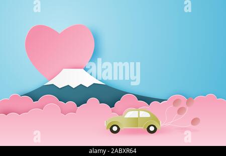 Illustration of love and Valentine's day greeting card in paper cut style. Honeymoon travel in Japan. Digital craft paper art. Stock Vector