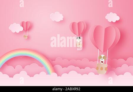 Illustration of love and Valentine's day greeting card in paper cut style. Happy dog and cat in hot air balloon over clouds and rainbow. Digital craft Stock Vector