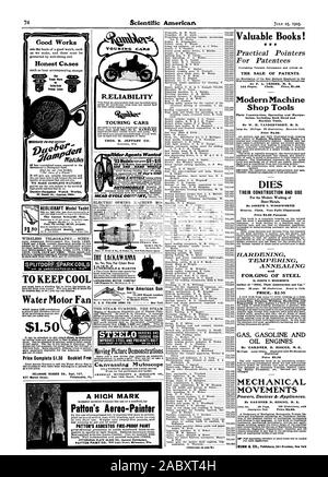 MURAT -70 DIE-SECOND 1 Dueber-Hampden Watch Works ' 56 South St. Canton Ohio. AEOLICRAFT Model Yacht The Latest Scientific Toy. Pali for racing. $8.00 prepaid. FRANKLIN MODEL SHOP WIRELESS TELEGRAPHY.- SCIEN TO KEEP COOL Water Motor Fan $1.50 Price Complete $1.50 Booklet Free Moving Picture Demonstrations AMERICAN MIITOsCOPE & BIOGRAPH CO.  East 14th Street New York. Valuable Books! Practical Pointers For Patentees THE SALE OF PATENTS Modern Machine Shop Tools Their Construction Operation and Manipu lation Including Both Hand and Machine Tools. By W. H. VANDERVOORT. M. E. DIES THEIR Stock Photo