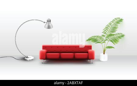 A realistic red couch in a white room, vector Stock Vector