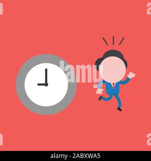 Vector illustration faceless businessman character with clock and running away on red color background. Stock Vector