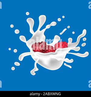 Raspberry vector drawing. Fruit beverage. Splashes of milk in abstract style on blue background. Splashes of milk. Delicious dessert. Stock Vector