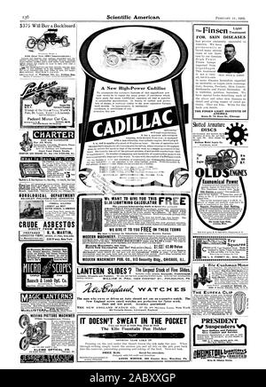 A New High-Power Cadillac MODERN MACHINE W Dust and wet proof. Accuracy guaranteed IT DOESN'T SWEAT IN THE POCKET The Kilo Fountain Pen Holder PRICE $1.00. Send for circulars. Model N Double Side 28. P. Entrance Tonneau Packard Motor Car Co. GAS and GASOLINE CHARTER GAS ENGINE CO. Box 148 STERLING. ILL. What Is Daus' Ti p-Top? HOROLOGICAL DEPARTMENT BRADLEY POLYTEC [INTO INSTITUTE CRUDE ASBESTOS ASBESTOS FIBRE OFFICE SLPAUL BUILDING for Manufacturers use 220 B'way New York. Our Microscopes Microtomes Laboratory Glass ware Chemical Apparatus Chemicals Photo Lenses and Shutters Field Glasses Stock Photo