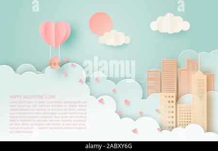 Illustration of love. Valentine's day concept. Honeymoon travel. Paper art made full heart in hot air balloon floating over city. Stock Vector