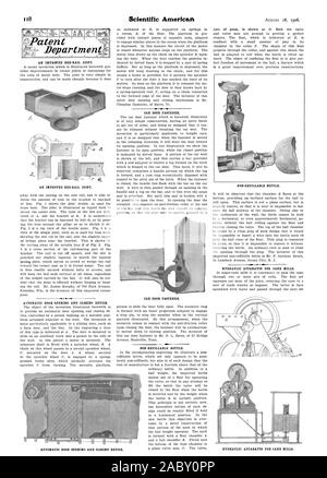 AN IMPROVED BED-RAIL JOINT. AN IMPROVED BED-RAIL JOINT. AUTOMATIC DOOR OPENING AND CLOSING DEVICE. CAR DOOR FASTENER. NON-REFILLABLE BOTTLE. NON-REFILLABLE BOTTLE. HYDRAULIC APPARATUS FOR CANE MILLS. Patent AUTOMATIC DOOR OPENING AND CLOSING DEVICE., scientific american, 1906-08-18 Stock Photo