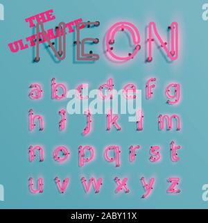 Realistic pink neon character typeset, vector Stock Vector