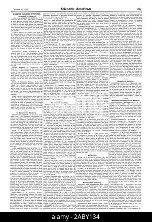 RECENTLY PATENTED INVENTIONS. Pertaining to Apparel. Hardware. Heating and Lighting. Household Utilities. Machines and Mechanical Devices. Of Interest to Farmers. Of General Interest., scientific american, 1906-10-20 Stock Photo