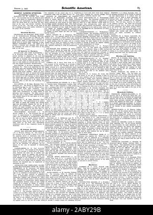 RECENTLY PATENTED INVENTIONS. Pertaining to Apparel. Electrical Devices. Of Interest to Farmers. Of General Interest. Hardware. Heating and Lighting. Household Utilities., scientific american, 1907-08-03 Stock Photo