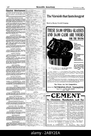 Classified Advertisements BUSINESS OPPORTUNITIES. PATENTS FOR SALE. PATENTS WANTED. AGENTS WANTED. HELP WANTED. MOTION PICTURES. MODELS & EXPERIMENTAL WORK. AUTOS. TYPEWRITERS. BOOKS AND MAGAZINES. CORRESPONDENCE SCHOOLS. SCHOOLS AND COLLEGES. AUTOMATIC MACHINERY. PHOTOGRAPHY. SEASICKNESS. The Varnish that lasts longest THESE $8.00 OPERA GLASSES AND $6.00 CASH ARE YOURS FOR THE TRYING Every Subscription Means a Prize and a Cash Commission The METROPOLITAN MAGAZINE wants Wide-Awake Representatives For 20 Subscriptions you can win these $6.00 Opera Glasses and $6.00 Cash The Prizes Are Not Stock Photo