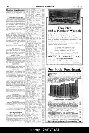 Classified Advertisements BUSINESS OPPORTUNITIES. PATENTS FOR SALE. FOR SALE. HELP WANTED. AGENTS WANTED. TYPEWRITERS. AERONAUTICS. BOOKS AND MAGAZINES. HOUSEHOLD NEEDS. PHOTOGRAPHY. GRE-SOLVENT. OLD COINS AND STAMPS. How to Construct An Independent Interrupter MUNN & CO. 361 Broadway New York Two Men and a MonKey Wrench ARTHUR KOPPEL CO. Sales Offices and Warehouses: 1526 Chronicle Bldg. BOSTON BALTIMORE 53 Oliver Street 449 Equitable Bldg. Some of the Scientific Americcut Publications, scientific american, 1908-03-28 Stock Photo