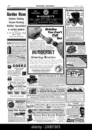 TAPES AND RULES LUFKIN RULE CO. Saginaw Mich. U. S. A. Second-Hand Bargains $887.16 Earned in  Days Garden Hose Rubber Belting Steam Packing Rubber Specialties N. Y. BELTING & PACKING CO. 91 and 93 Chambers Street WRITE FOR CATALOGUE BENJAMIN Air Rifle BENJAMIN AIR RIFLE MEG. CO. 612 N. Broadway St. Louis Mo. DECARBON I ZER General Accumulator & Battery C COERZ PHOTO LENSES SHUTTERS ANSCHOTZ CAMERAS RIFLE TELESCOPES TRIEDER BINOCULARS general catalogue. Tools! Tools! Tools! PROTECT YOUR OPERATOR AVOID DAMAGE SUITS THE RACINE WOOD SHAPER GUARD FAIR MFG CO Box A. RacineWis. THE STRONGEST METAL Stock Photo