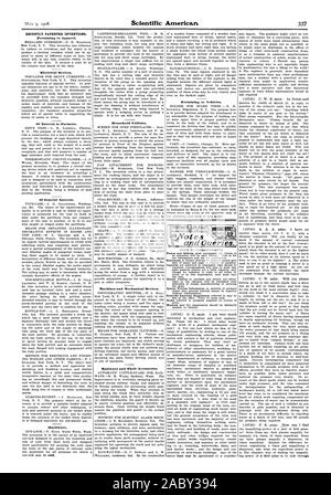 RECENTLY PATENTED INVENTIONS. Pertaining to Apparel. Electrical Devices. Of Interest to Farmers. Of General Interest. Hardware. Household Utilities. Railways and Their Accessories. Pertaining to Vehicles., scientific american, 1908-05-09 Stock Photo