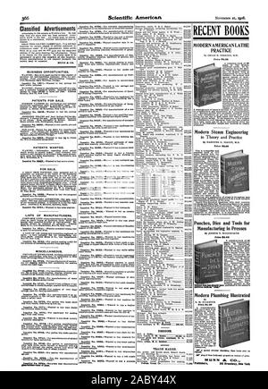 Classified Advertisements BUSINESS OPPORTUNITIES. PATENTS FOR SALE. PATENTS WANTED. FOR SALE. LISTS OF MANUFACTURERS. MISCELLANEOUS. DESIGNS. TRADE MARKS. RECENT BOOKS MODERN AMERICAN LATHE PRACTICE Modern Steam Engineering Price 93.00 Punches Dies and Tools for Manufacturing in Presses Modern Plumbing Illustrated Price $4.00 Publishers 361 Broadway New York, scientific american, 1908-11-21 Stock Photo