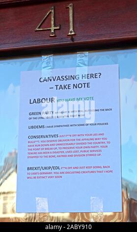 Canvassers Please Take Note - Note to General Election Candidates,printed note on front door,urban housing,Labour,Green,Conservative,Brexit Party,LD