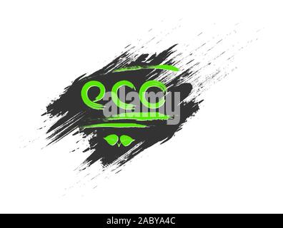 word ECO is written with a brush on black paint strokes with green leaves. Stylistic design. Isolated on white background. Flat design Stock Vector
