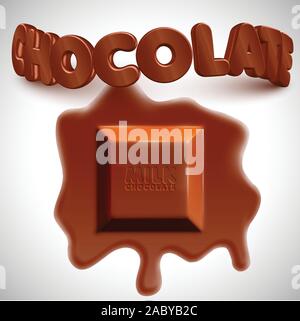 Melting 3D realistic chocolate cube, vector Stock Vector