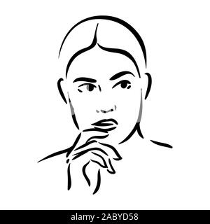 Thinking emotion woman face icon on white background Stock Vector