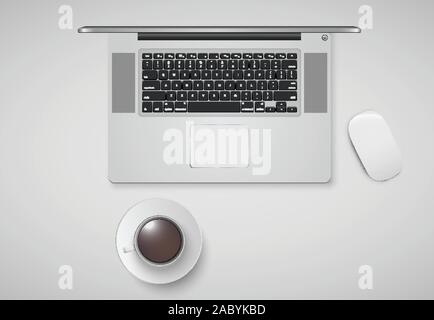 Minimal office with computer, mouse and a cup of coffee, vector illustration Stock Vector