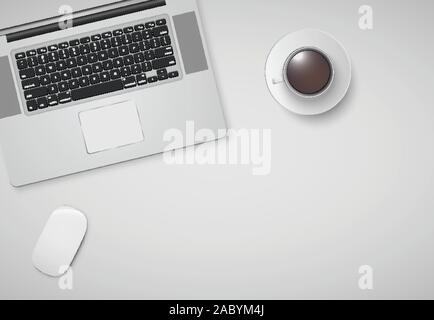 Minimal office with computer, mouse and a cup of coffee, vector illustration Stock Vector