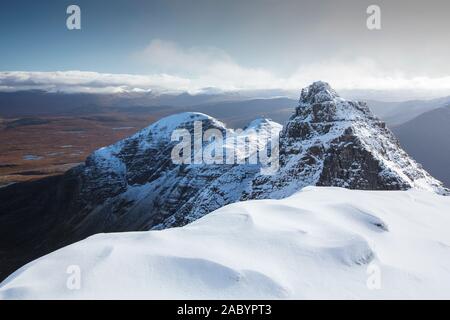 Lord Berkeley's Seat on the Munro An Teallach, one of Scotlands finest mountain traverses, above Dundonell, Scotland, UK looking down into the Strath Stock Photo