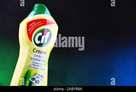 POZNAN, POL - MAR 15, 2019: Plastic bottle of Cif, brand of household cleaning products manufactured by Unilever, a British-Dutch multinational consum Stock Photo
