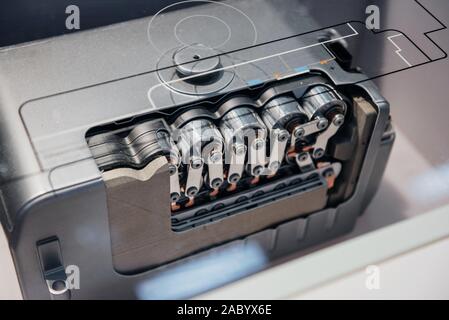 A close up view from the top of car detail: fragment of modern electric motor Stock Photo