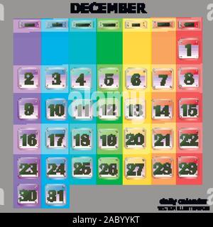 Colorful calendar for December 2020 in english. Set of buttons with calendar dates for the month of December. For planning important days. Banners for holidays and special days. Vector Illustration. Stock Vector