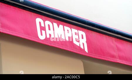 Palma de Mallorca, Spain - September 23, 2017: Camper store sign. Camper is a Spanish footwear company Stock Photo