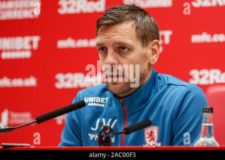 Manager of Middlesbrough, Jonathan Woodgate - Middlesbrough v Barnsley, Sky Bet Championship, Riverside Stadium, Middlesbrough, UK - 27th November 2019  Editorial Use Only - DataCo restrictions apply Stock Photo