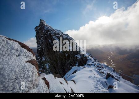 Lord Berkeley's Seat on the Munro An Teallach, one of Scotlands finest mountain traverses, above Dundonell, Scotland, UK looking down into the Strath Stock Photo