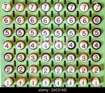 background wallpaper - close up of rows of number keys on a vintage adding machine Stock Photo