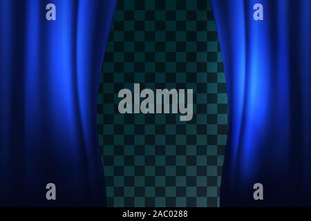 Blue curtain on theater or cinema stags. Realistic Opened Stage Curtains on a Transparent Background Element Of Interior Decoration Place for Your Stock Vector