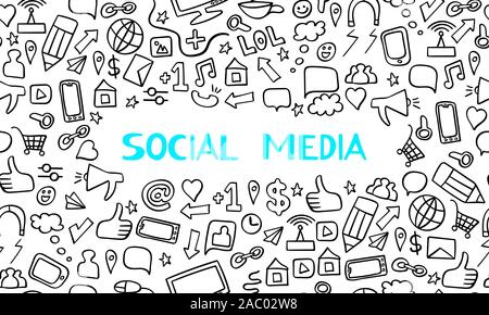 Social media inscription with seamless pattern around. Black outline hand drawn elements on white background. Vector illustration. Stock Vector