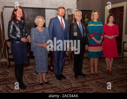 The Royal Palace, de Oud-Raadzaal, Amsterdam, The Netherlands. Thursday 28th November, 2019. American composer and conductor John Adams this afternoon received the Erasmus Prize from H.R.H. King Willem-Alexander of The Netherlands. This year's theme ‘Composing for the current time'. Queen Máxima and Princess Beatrix were also present at the ceremony. The Erasmus Prize is an annual award and presented to an institution or, an individual that has made an important contribution within the framework of Europe's cultural tradition in the humanities, social science or the arts. Credit: Charles M Vel Stock Photo