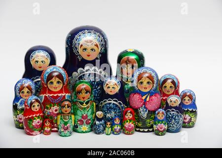 lot of traditional Russian nesting dolls on white background Stock Photo