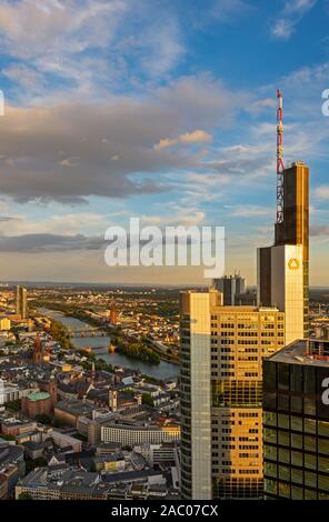 FRANKFURT, GERMANY - SEPTEMBER 17: Aerial view over the city and the Commerzbank Tower in Frankfurt, Germany on September 17, 2019.  Foto taken from M Stock Photo