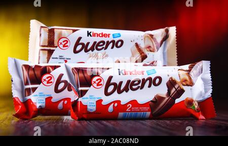 POZNAN, POL - OCT 23, 2019: Chocolate bars of Kinder Bueno, a brand name of confectionery products made by Italian company Ferrero Stock Photo