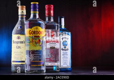 POZNAN, POLAND - OCT 23, 2019: Four bottles of popular global gin brands: Gordons, Beefeater, Seagram and Bombay Sapphire Stock Photo