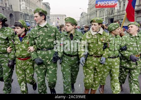 Russian soldiers march in support of President Boris Yeltsin to Red Square March 28, 1993 in Moscow, Russia. The supporters marched through central Moscow ending in Red Square where Yeltsin addressed the crowd. Stock Photo