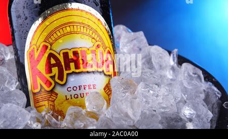 POZNAN, POL - NOV 15, 2019: Bottle of Kahlua, a brand of Mexican coffee-flavored liqueur containing rum, corn syrup and vanilla bean, manufactured by Stock Photo