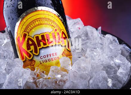 POZNAN, POL - NOV 15, 2019: Bottle of Kahlua, a brand of Mexican coffee-flavored liqueur containing rum, corn syrup and vanilla bean, manufactured by Stock Photo